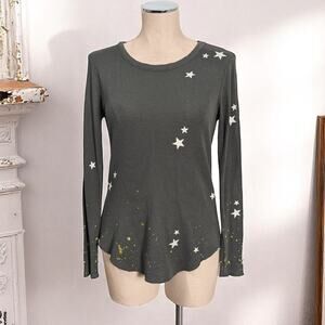 CHOR Green Modal Blend Thermal Top Shirt With Metallic Glitter And White Stars S